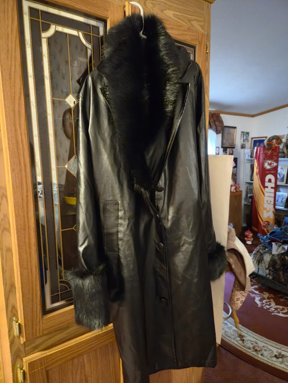 Black Faux Fur Trim Faux47 Inches Long  Leather  Long Coat - Women